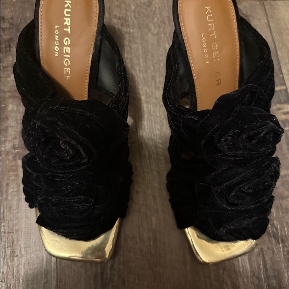 Kurt Geiger Black Velvet Rosette Mules with Gold Toe